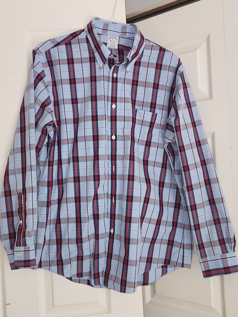 Brooks Brothers Light Blue Plaid Button-Down Shirt with Navy and Maroon Stripes